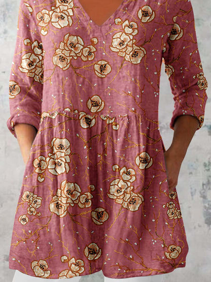 Women's Elegant Floral Print Pattern Cotton and Linen Top