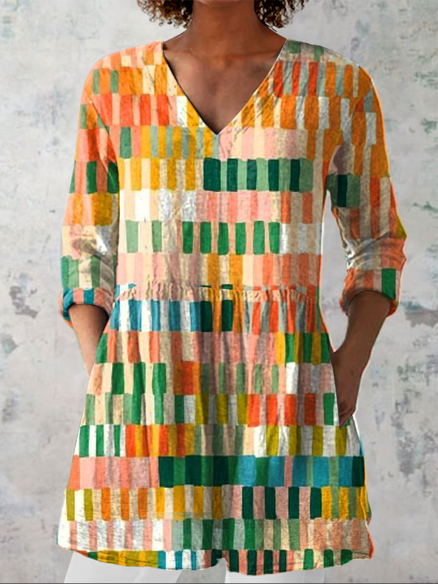 Women's Boho Vintage Art Print Casual Linen V-neck Shirt