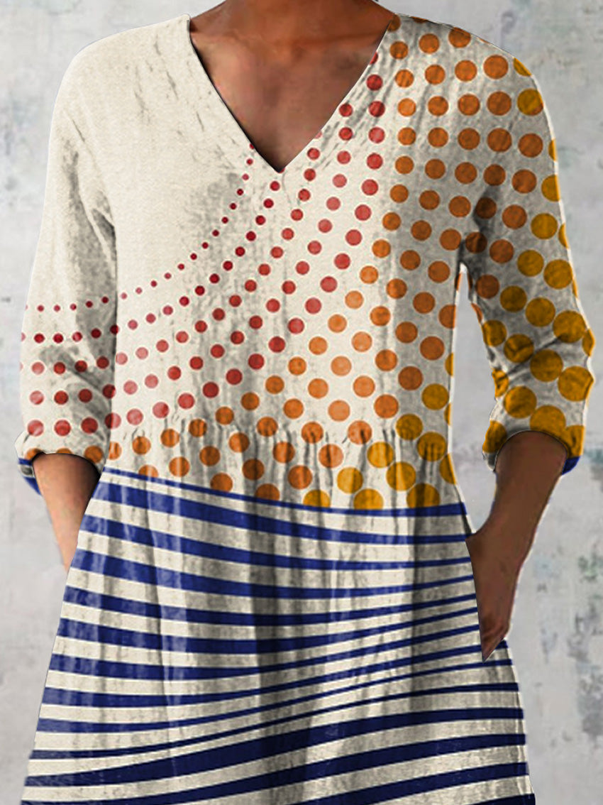 Geometric Sun And Wave Art Printed Women's Casual Linen V-Neck Shirt