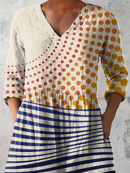 Geometric Sun And Wave Art Printed Women's Casual Linen V-Neck Shirt