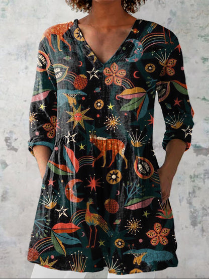 Midnight Woodland Pattern Printed Women's Casual Linen V-Neck Shirt