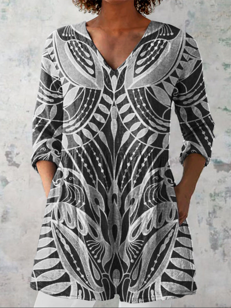 Ethnic Style Tropical Pattern Printed Women's Casual Linen V-Neck Shirt