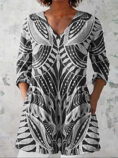 Ethnic Style Tropical Pattern Printed Women's Casual Linen V-Neck Shirt