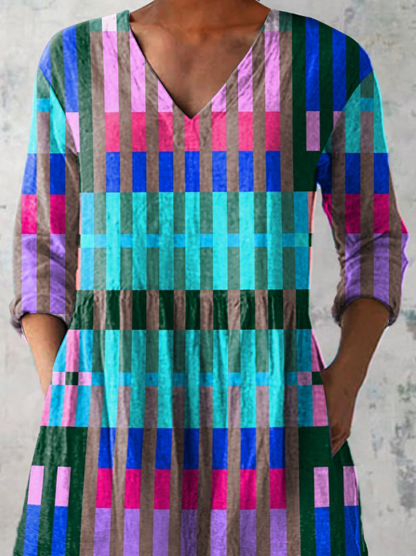 Colorful Geometric Pattern Printed Women's Casual Linen V-Neck Shirt