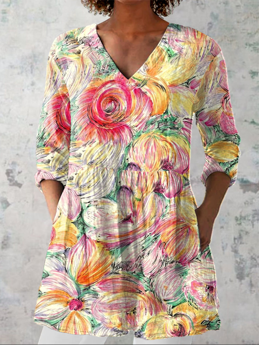 Women's  Vintage Flowers Art Print Casual Linen V-neck Shirt