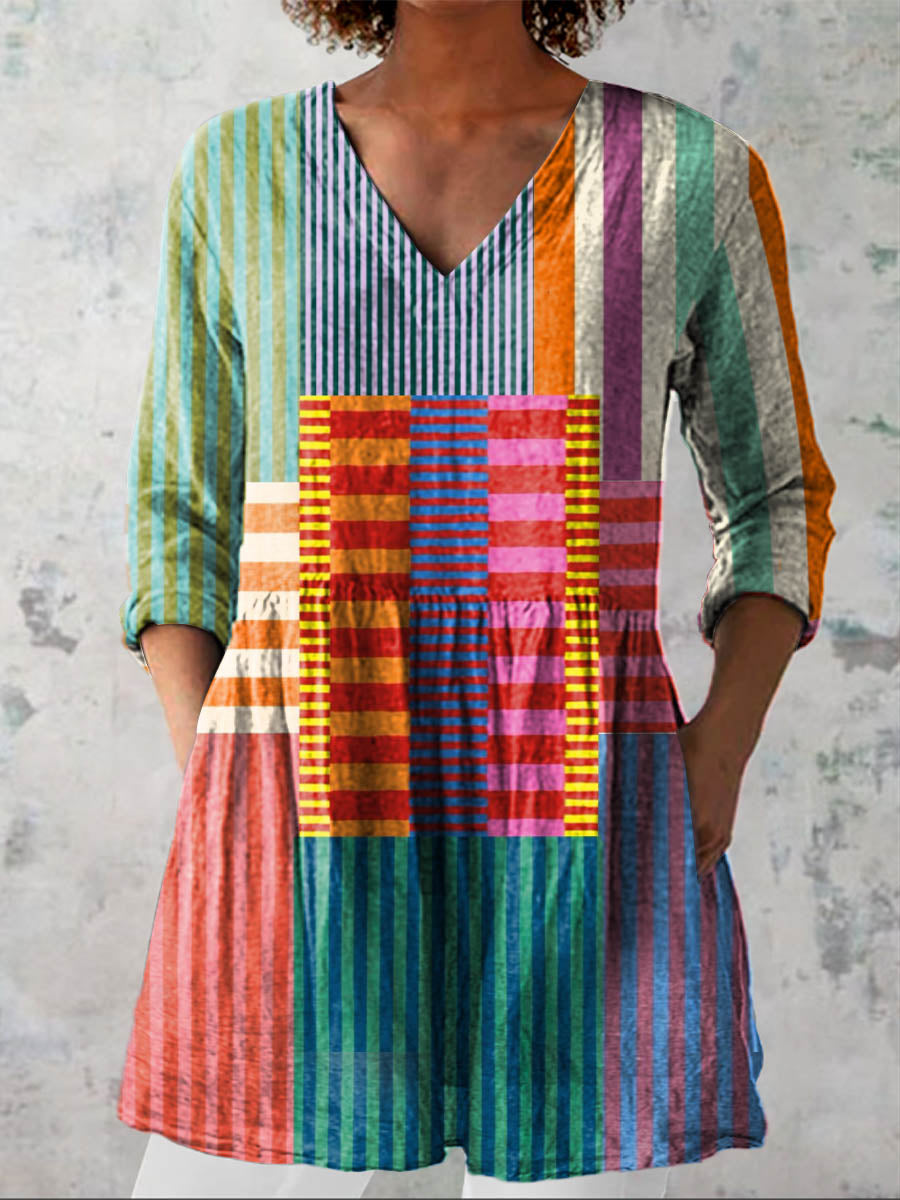 Women's Abstract Geometric Pattern Art Print Casual Linen V-neck Shirt