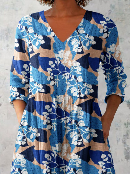 Women's Elegant Floral Pattern Cotton and Linen Top