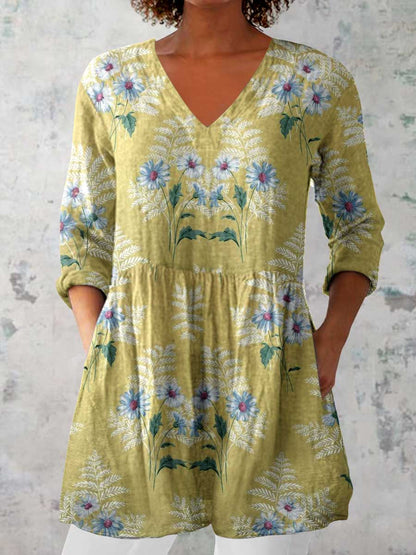 Women's Elegant Floral Cotton and Linen Top