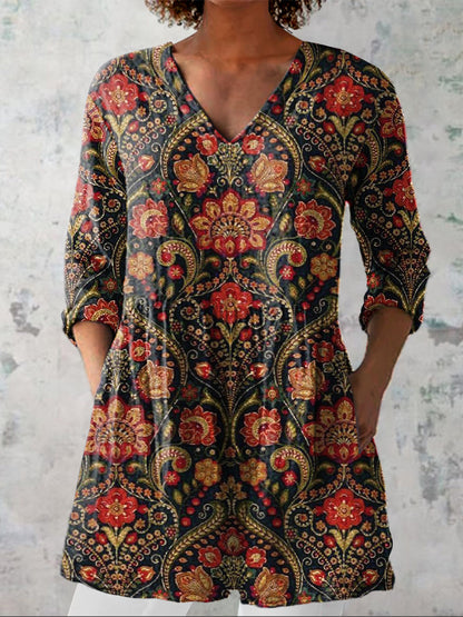 Summer Ethnic Floral Pattern Printed Women's Casual Linen V-Neck Shirt