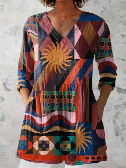 Hippie Style Geometric Pattern Printed Women's Casual Linen V-Neck Shirt