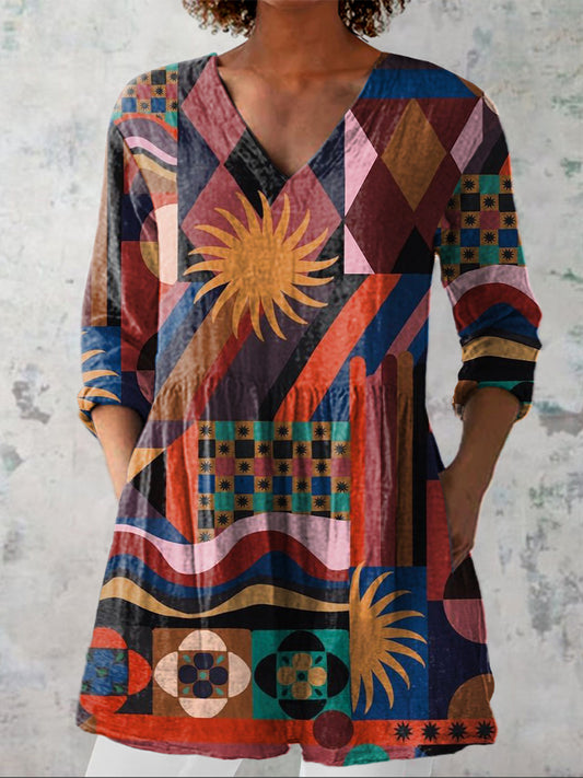 Hippie Style Geometric Pattern Printed Women's Casual Linen V-Neck Shirt