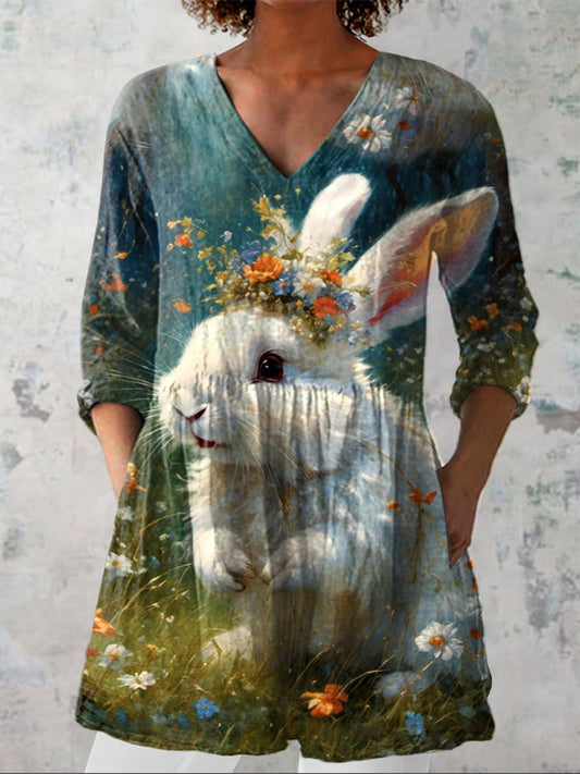 Women's  Vintage Easter  Bunny Art Print Casual Linen V-neck Shirt