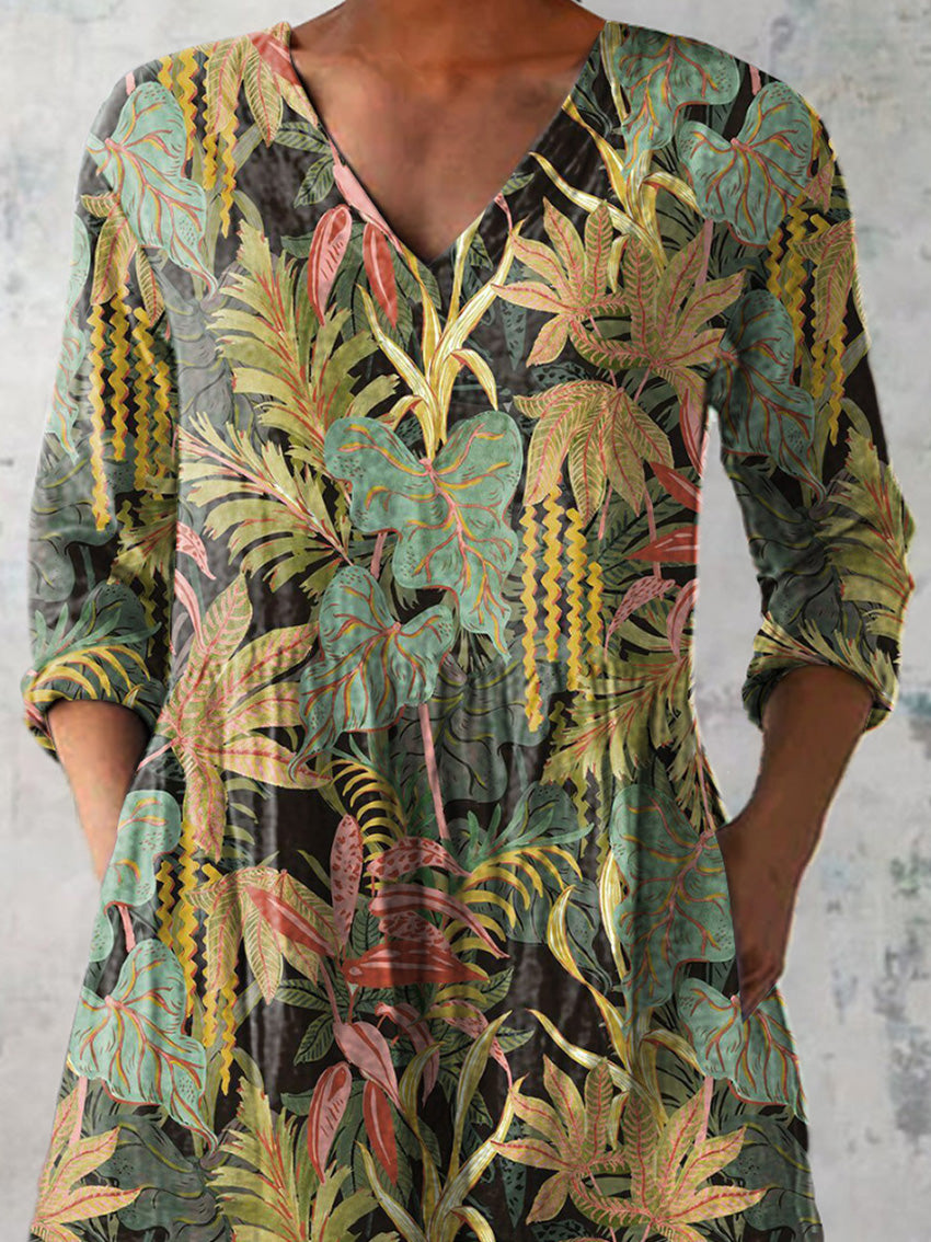 Wild Woodland Pattern Printed Women's Casual Linen V-Neck Shirt