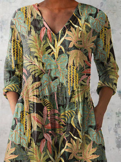 Wild Woodland Pattern Printed Women's Casual Linen V-Neck Shirt