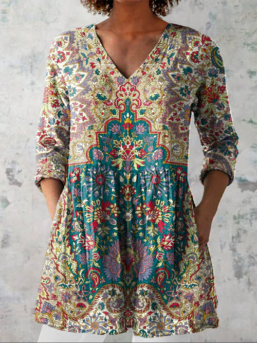 Women's Vintage Lovely Floral Art Print Casual Linen V-neck Shirt