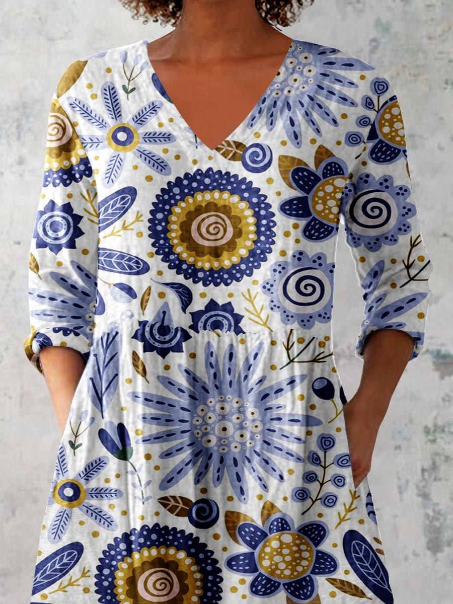 Women's Elegant Floral Pattern Cotton and Linen Top