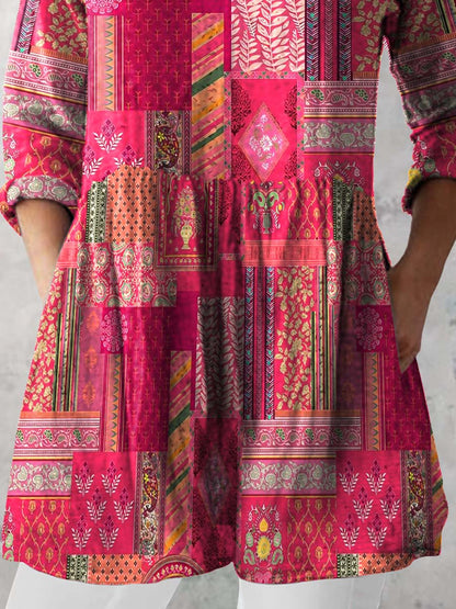 Women's Retro Floral Art Print Casual Cotton And Linen V-neck Top