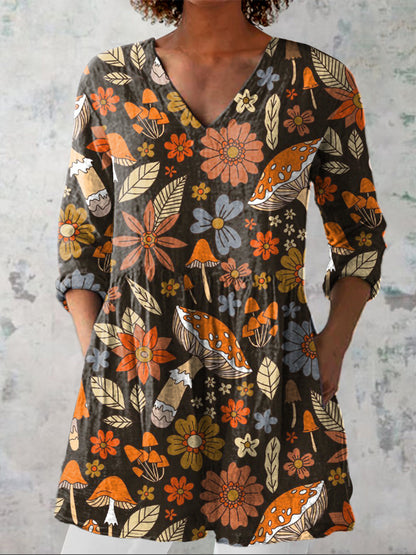 Retro Forest Mushroom Pattern Printed Women's Casual Linen V-Neck Shirt