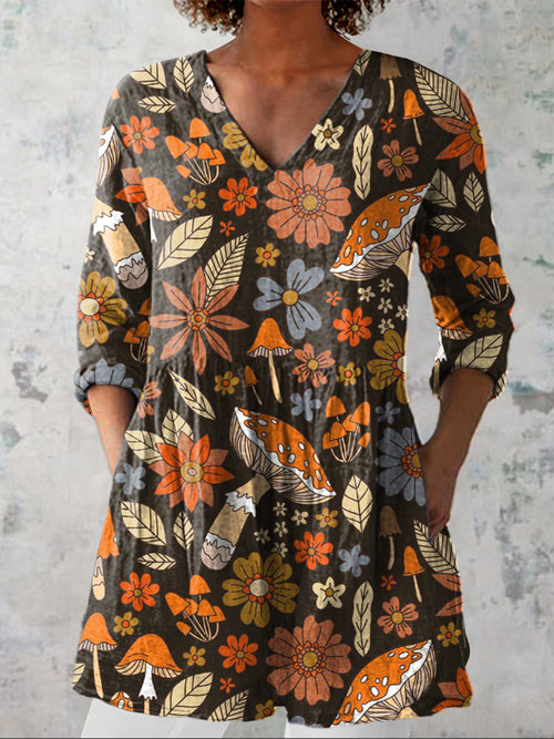 Retro Forest Mushroom Pattern Printed Women's Casual Linen V-Neck Shirt