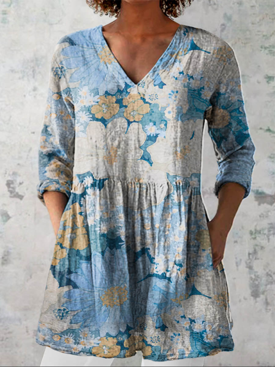 Women's Vintage Lovely Floral Art Print Casual Linen V-neck Shirt