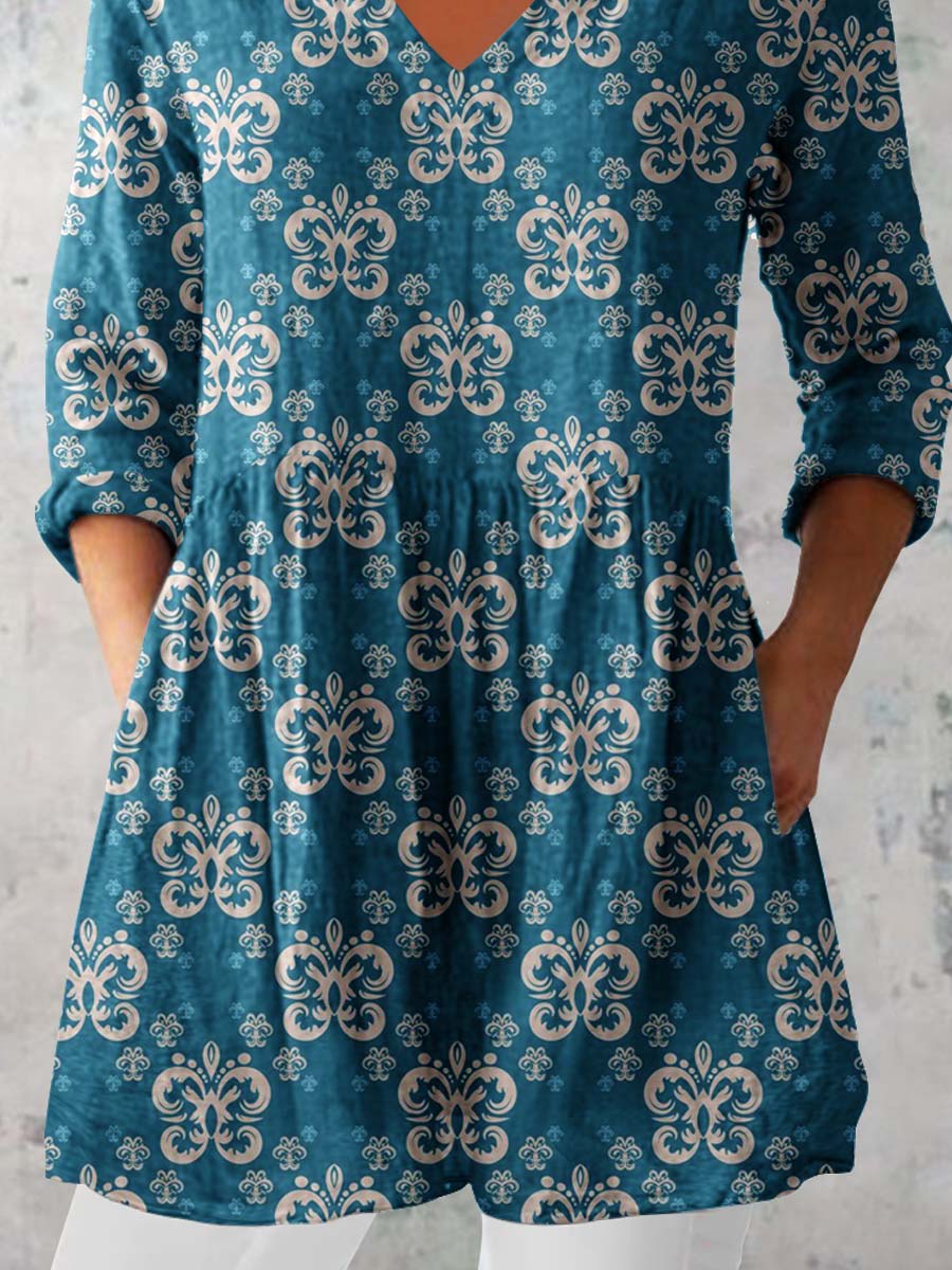 Women's Elegant Floral Print Pattern Cotton and Linen Top