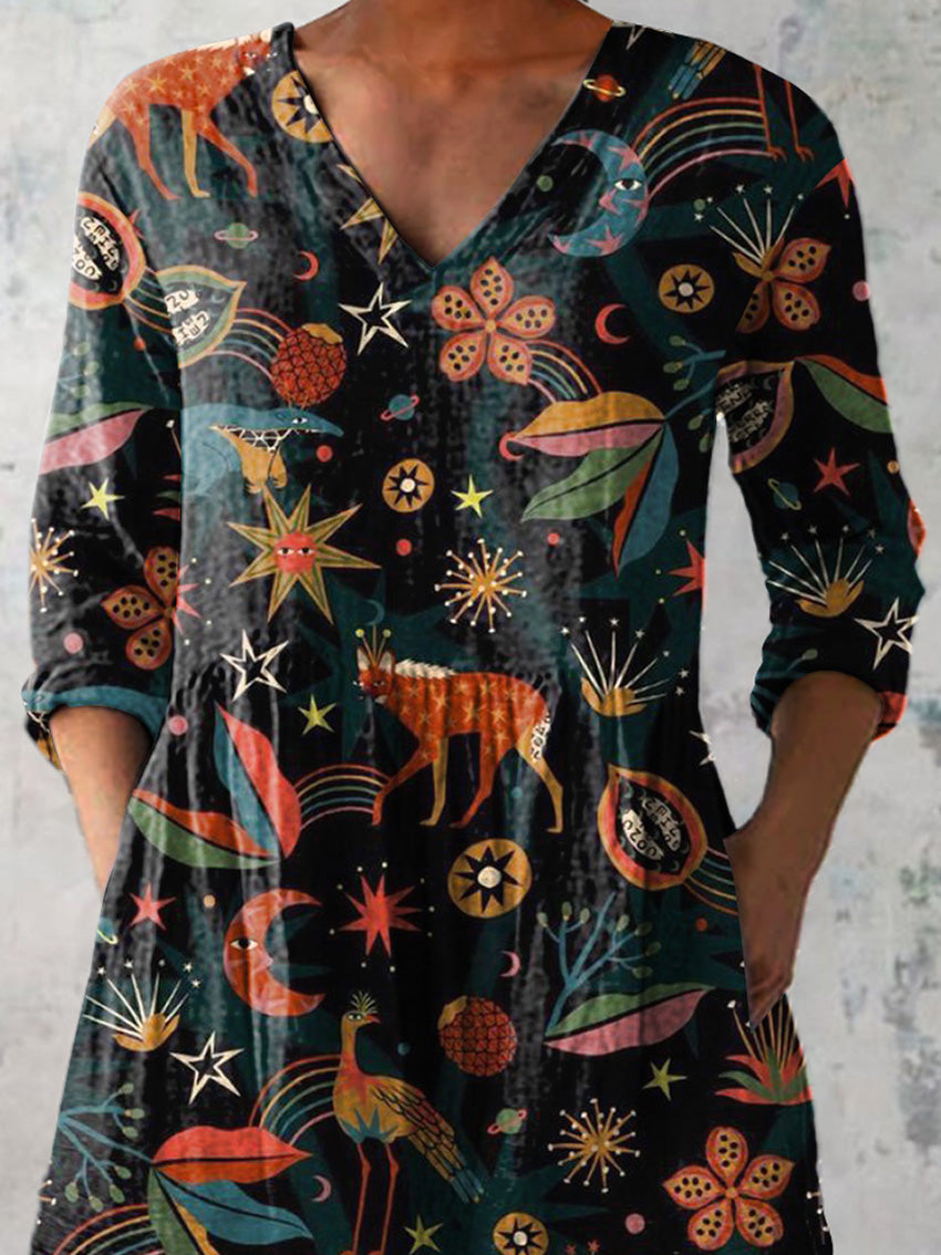 Midnight Woodland Pattern Printed Women's Casual Linen V-Neck Shirt