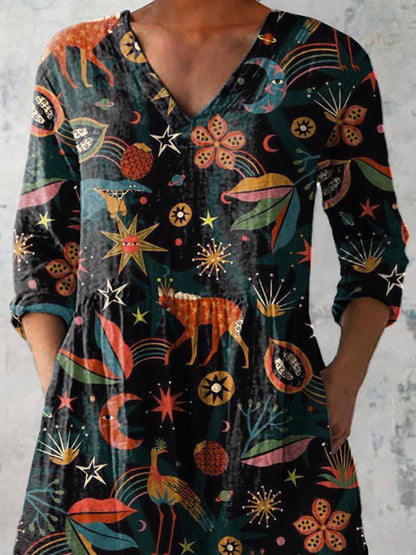 Midnight Woodland Pattern Printed Women's Casual Linen V-Neck Shirt