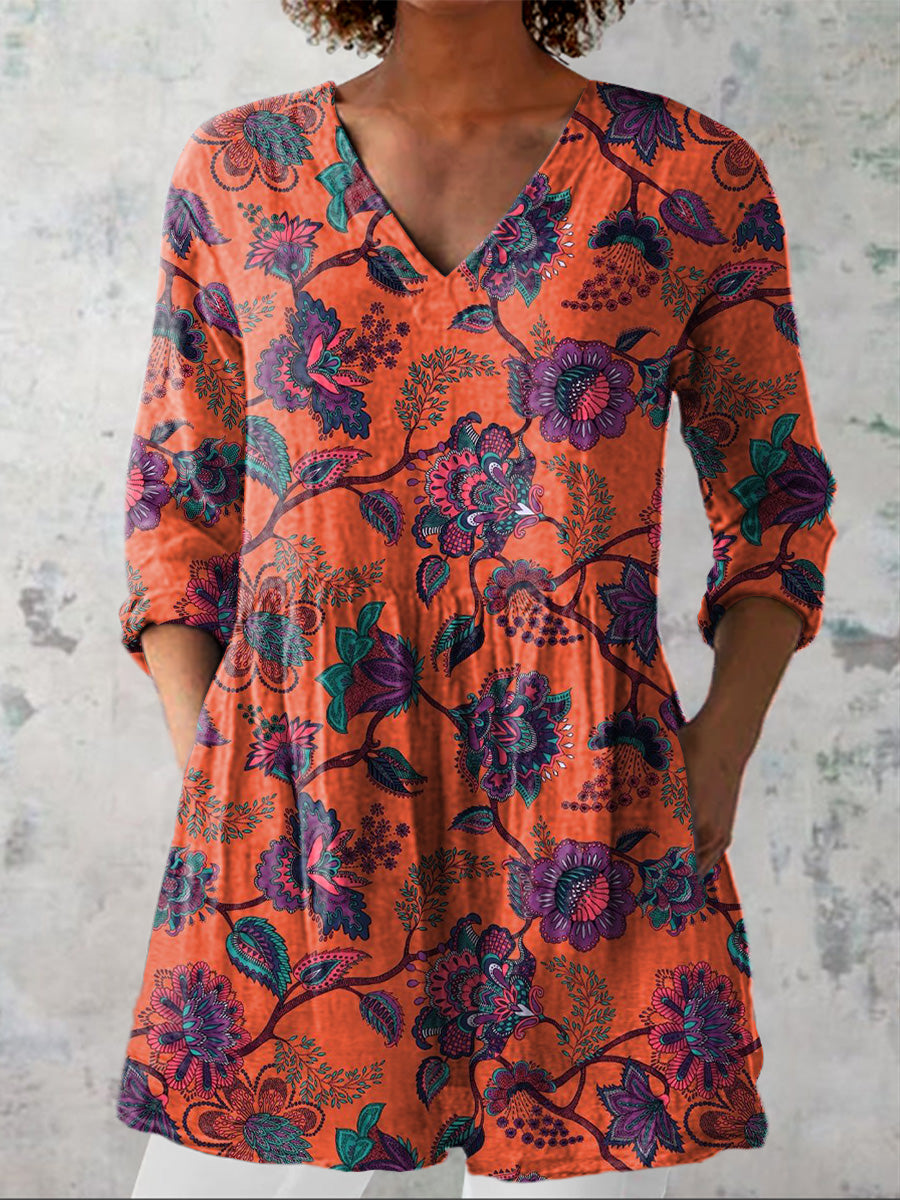 Vintage Summer Floral Pattern Printed Women's Casual Linen V-Neck Shirt