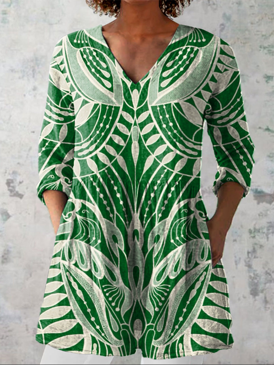 Ethnic Style Tropical Pattern Printed Women's Casual Linen V-Neck Shirt