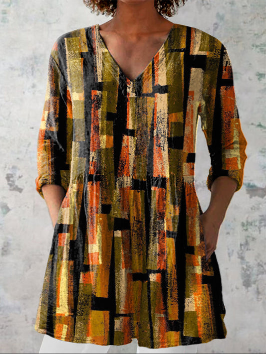 Abstract Tribal Pattern Printed Women's Casual Linen V-Neck Shirt