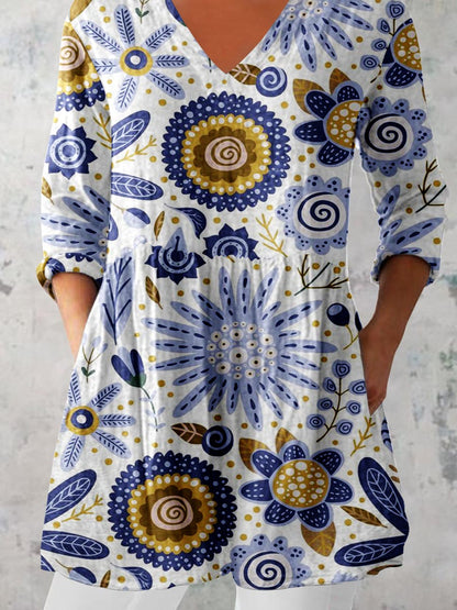 Women's Elegant Floral Pattern Cotton and Linen Top