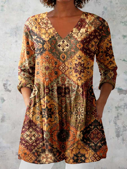 Women's Elegant Ethnic Pattern Cotton and Linen Round Neck Top