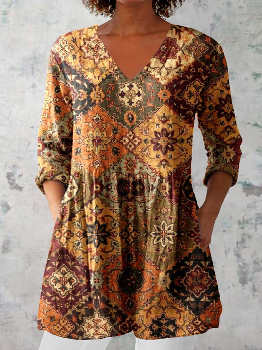 Women's Elegant Ethnic Pattern Cotton and Linen Round Neck Top