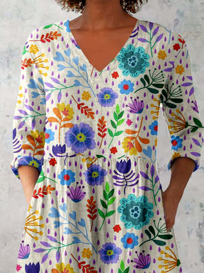 Women's Elegant Floral Print Pattern Cotton and Linen Top