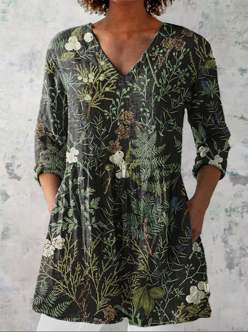 Midnight Summer Woodland Pattern Printed Women's Casual Linen V-Neck Shirt