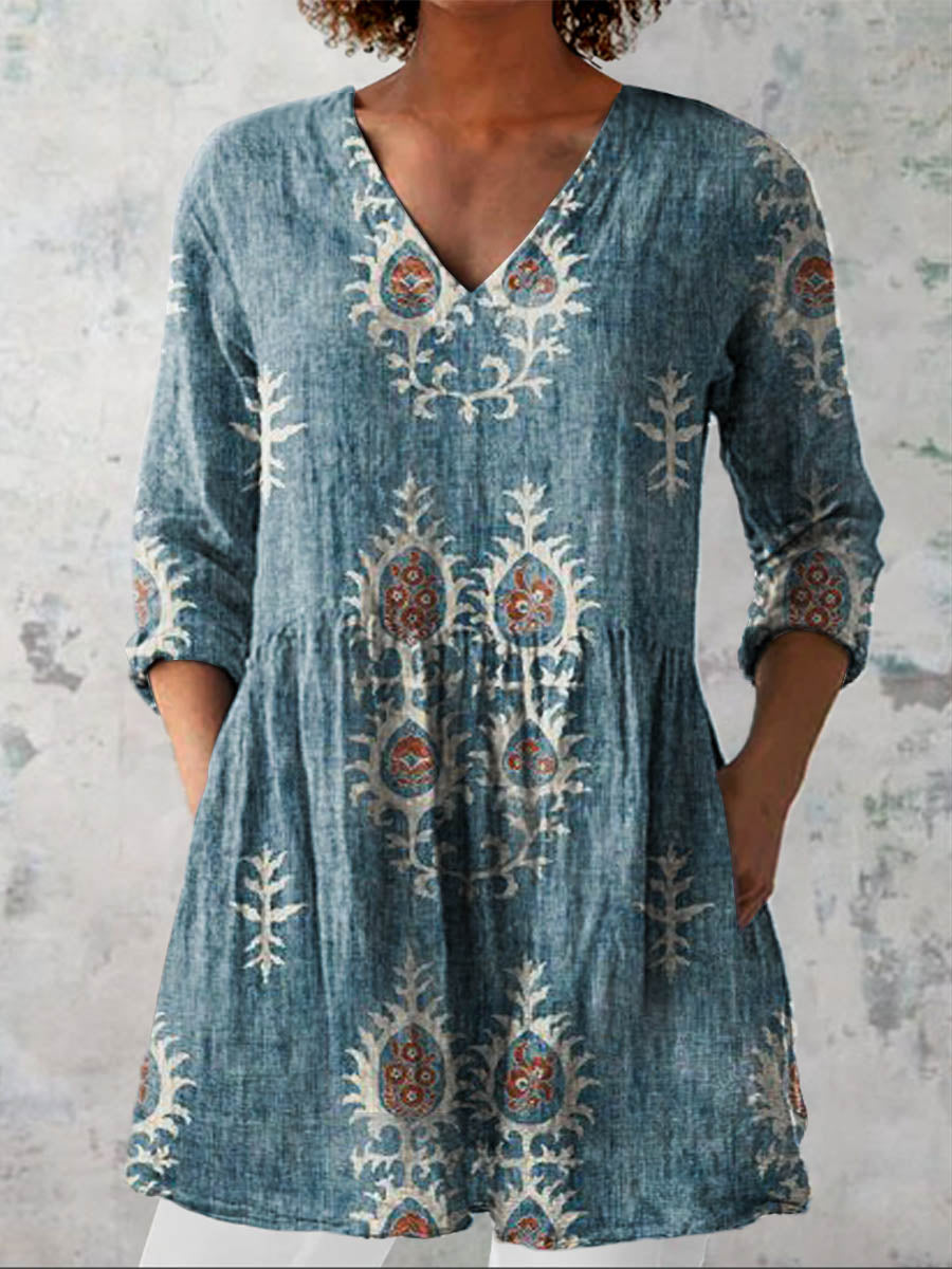 Women's Vintage Ethnic Pattern Art Print Casual Linen V-neck Shirt