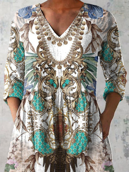 Summer Boho Pattern Printed Women's Casual Linen V-Neck Shirt