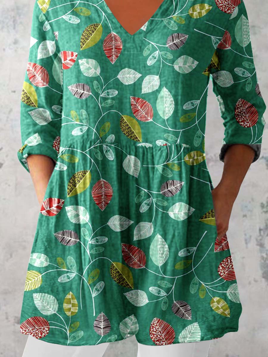 Women's Elegant Floral Print Pattern Cotton and Linen Top