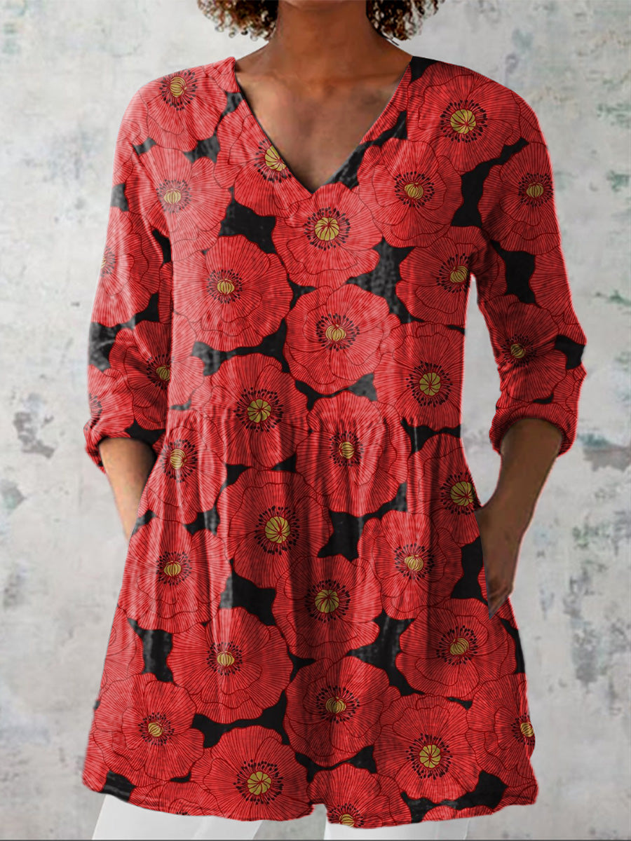 Summer Poppy Floral Pattern Printed Women's Casual Linen V-Neck Shirt