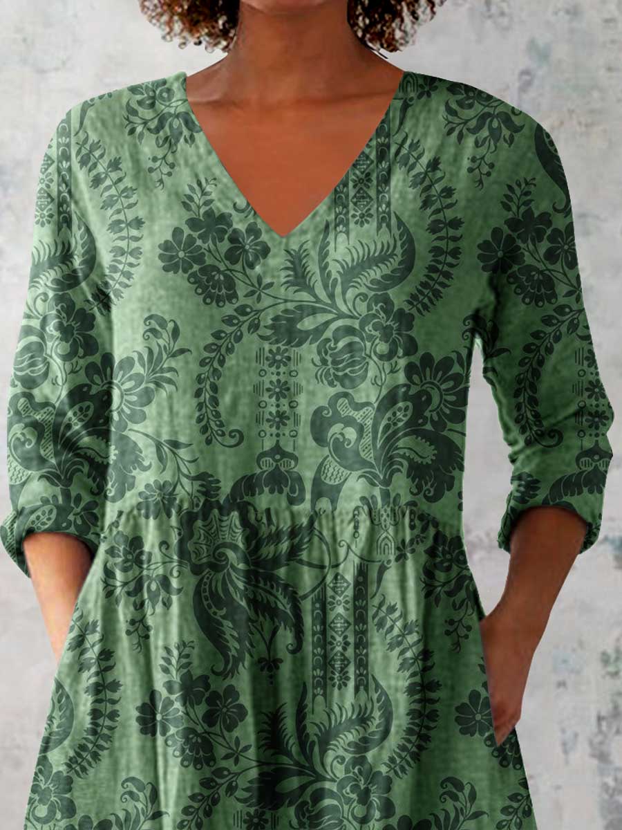 Women's Elegant Floral Pattern Cotton and Linen Top