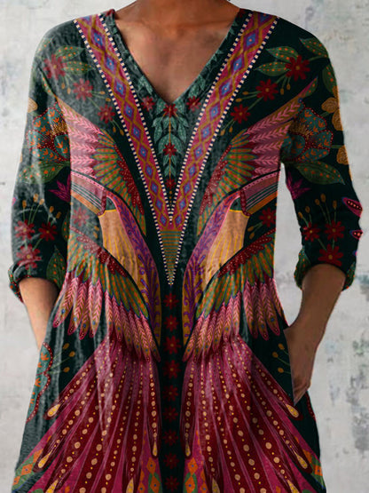 Summer Tropical Bird Symmetrical Pattern Printed Women's Casual Linen V-Neck Shirt