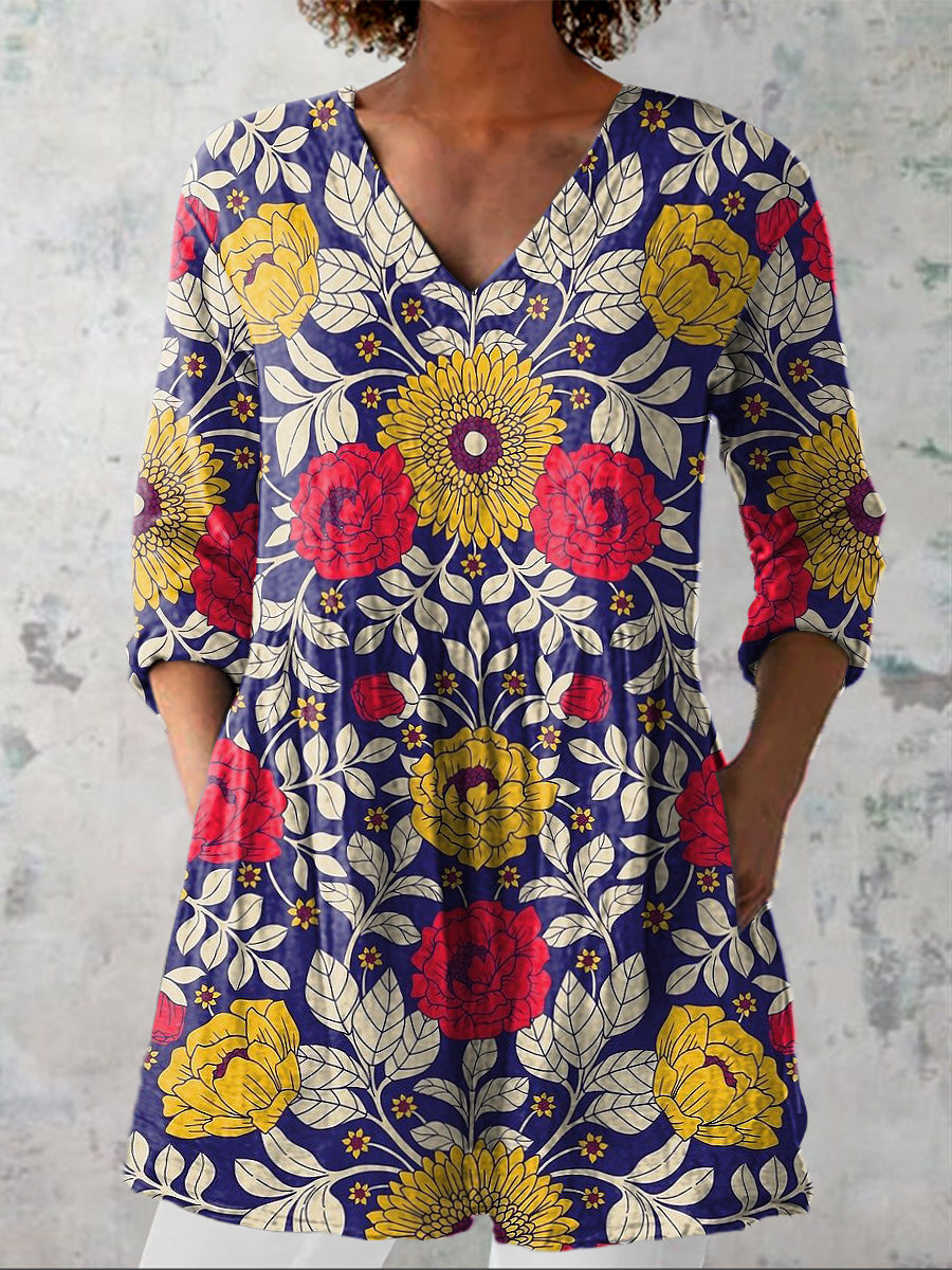 Vintage Symmetrical Floral Pattern Printed Women's Casual Linen V-Neck Shirt