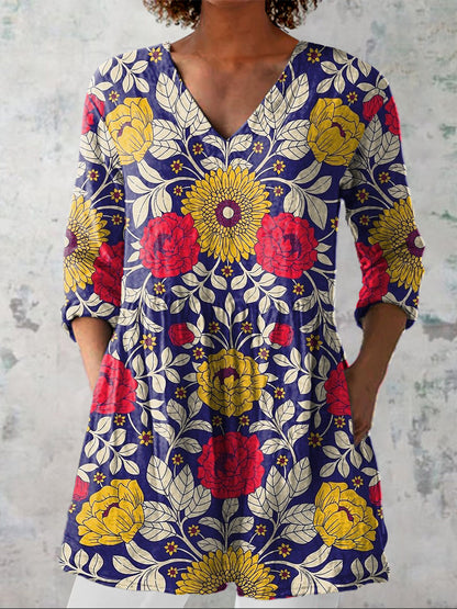 Vintage Symmetrical Floral Pattern Printed Women's Casual Linen V-Neck Shirt