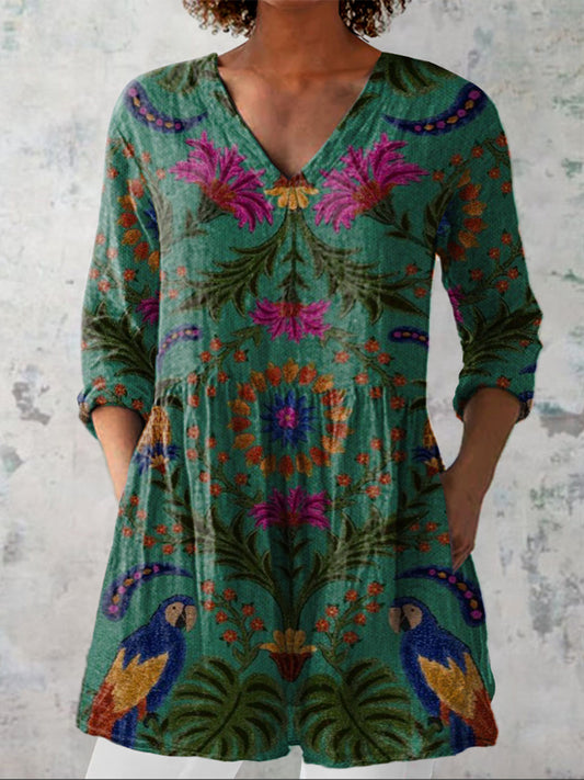 Summer Tropical Ethnic Pattern Printed Women's Casual Linen V-Neck Shirt