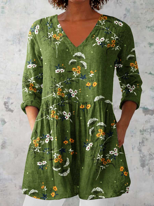 Women's Elegant Floral Cotton and Linen Top