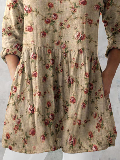 Women's Retro Floral Art Print Casual Cotton And Linen V-neck Top