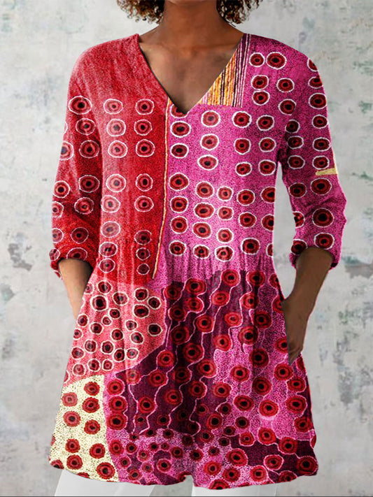 Women's Vintage Eometric Colorful Dots Art Print Casual Linen V-neck Shirt