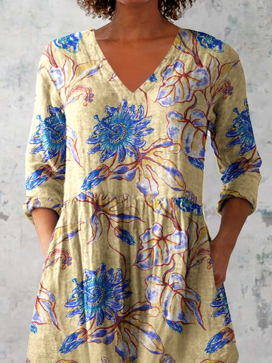 Women's Elegant Floral Print V-Neck Cotton and Linen Top