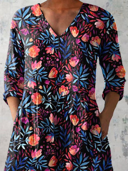 Summer Night Garden Pattern Printed Women's Casual Linen V-Neck Shirt