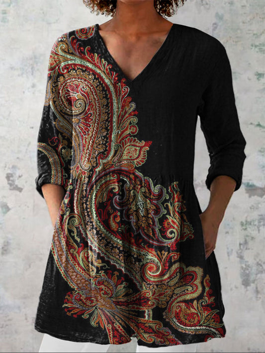 Women's Retro Pattern Art Print Casual Linen V-neck Shirt